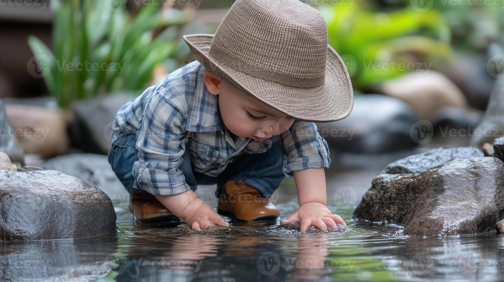 Child playing in a shallow stream on a sunny summer day in a natural setting photo