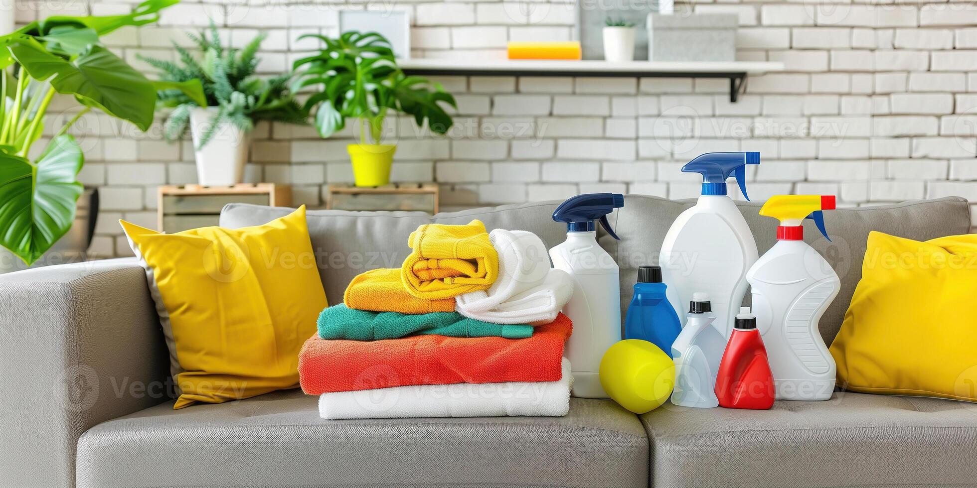 Cleaning supplies arranged in a cozy room for effective home maintenance and organization photo