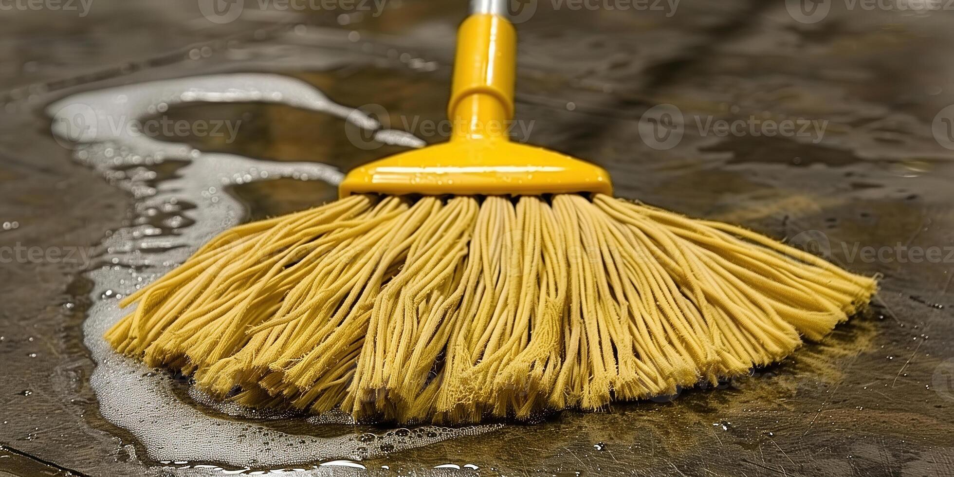 Effective cleaning tool resting on a wet floor surrounded by soap suds in a bright space photo