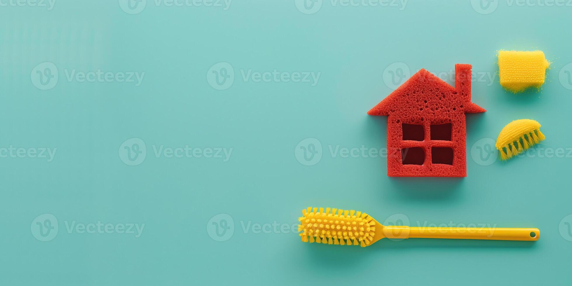 Creative house cleaning tools arranged on a turquoise background for home cleaning concept photo