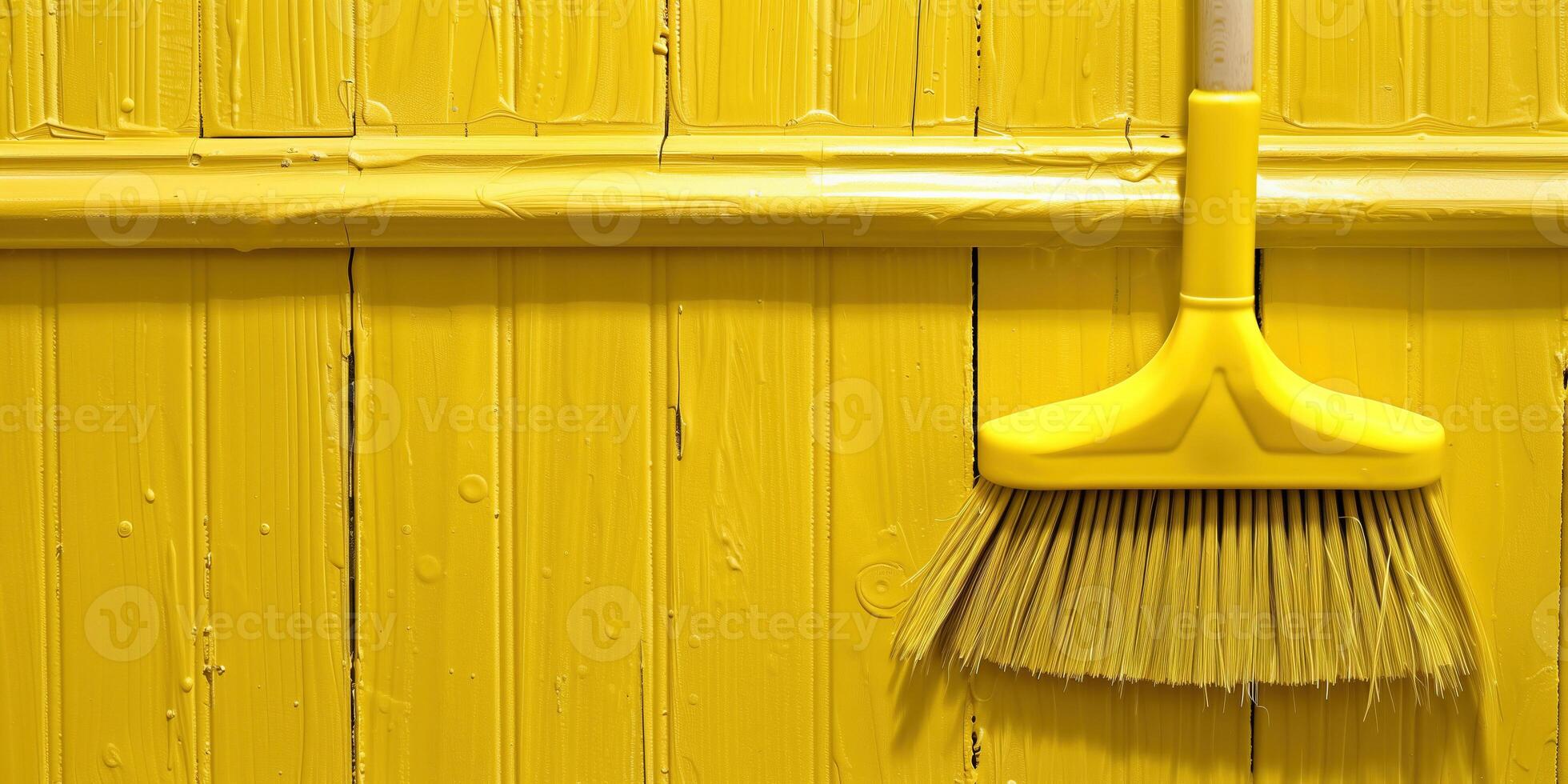 Bright yellow sweeper against a freshly painted wall in a clean room photo