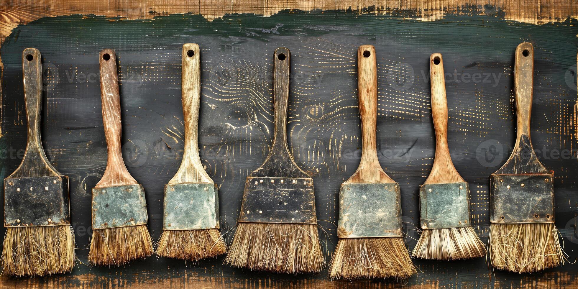 Various brushes arranged on a rustic wooden background for home cleaning tasks photo