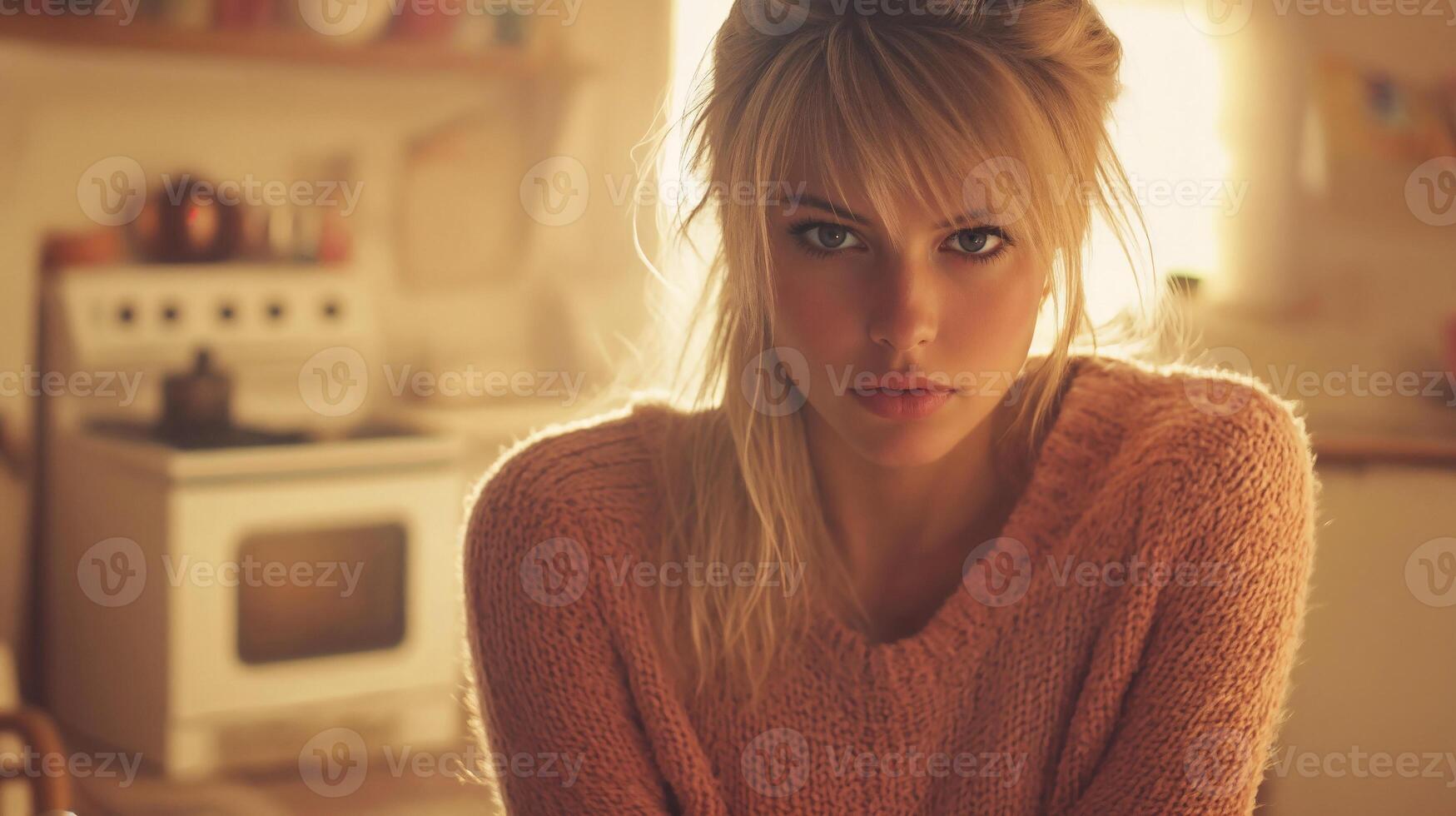 Pensive woman in soft lighting reflects on life while nestled in cozy kitchen setting photo