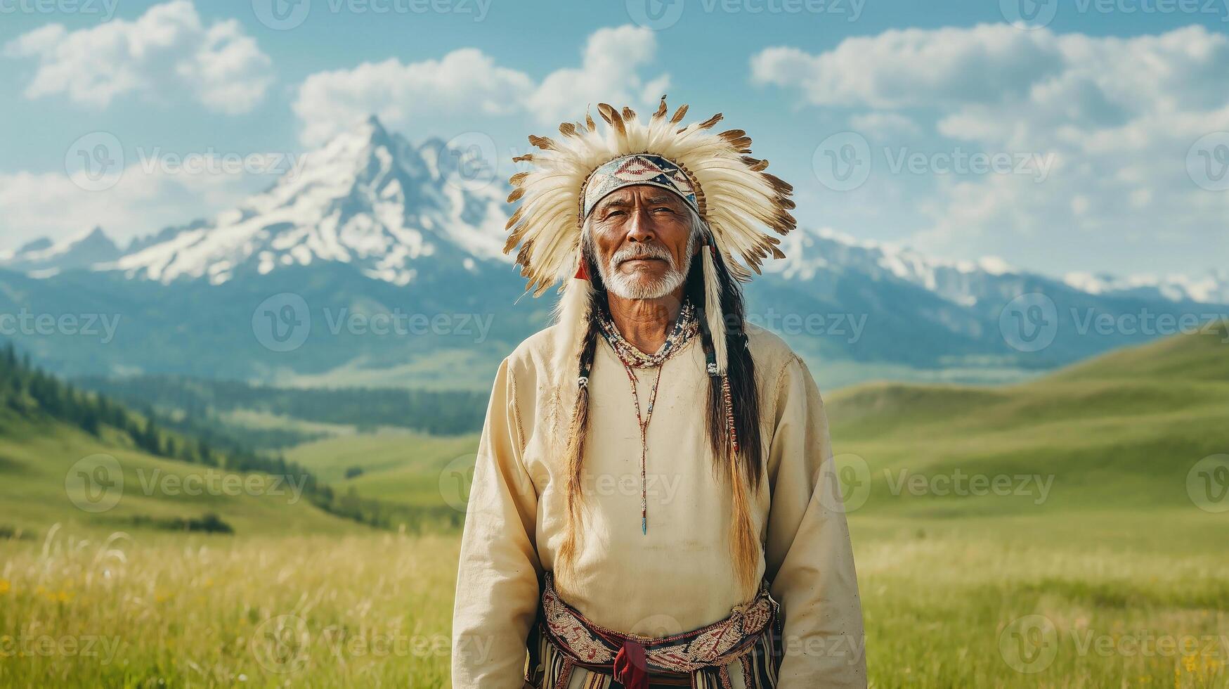 Portrait of Native American elder wearing traditional attire against a mountain backdrop photo