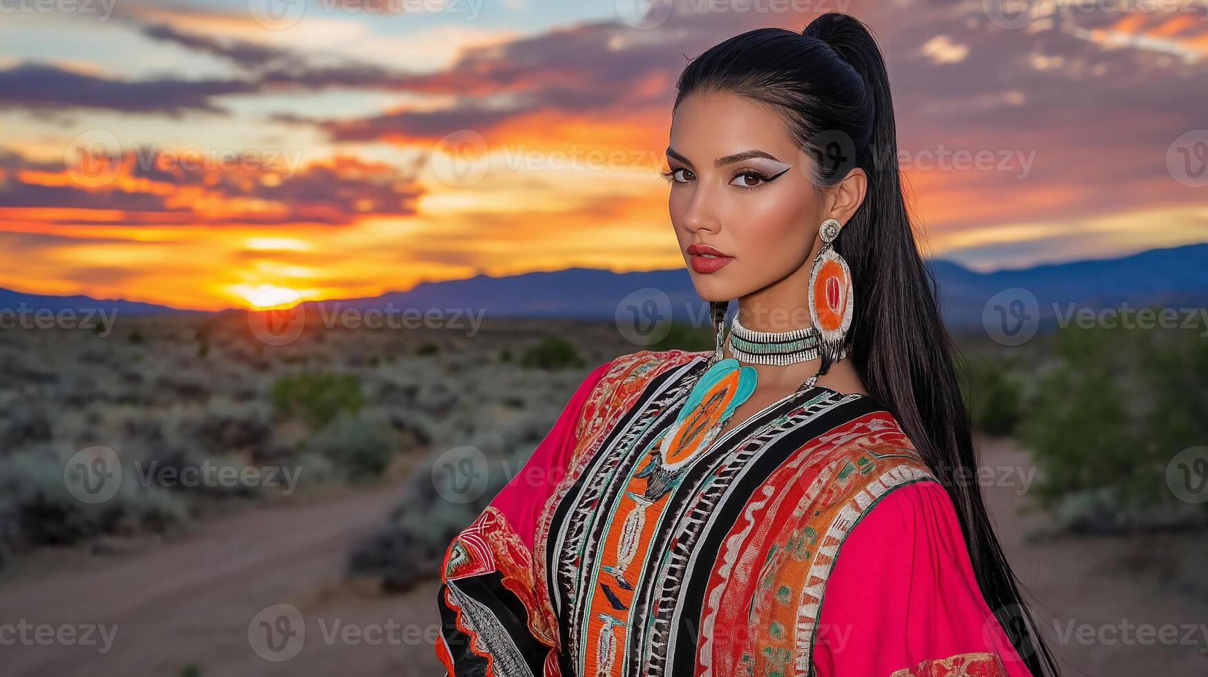 Native American woman in traditional attire poses against a vibrant desert sunset photo