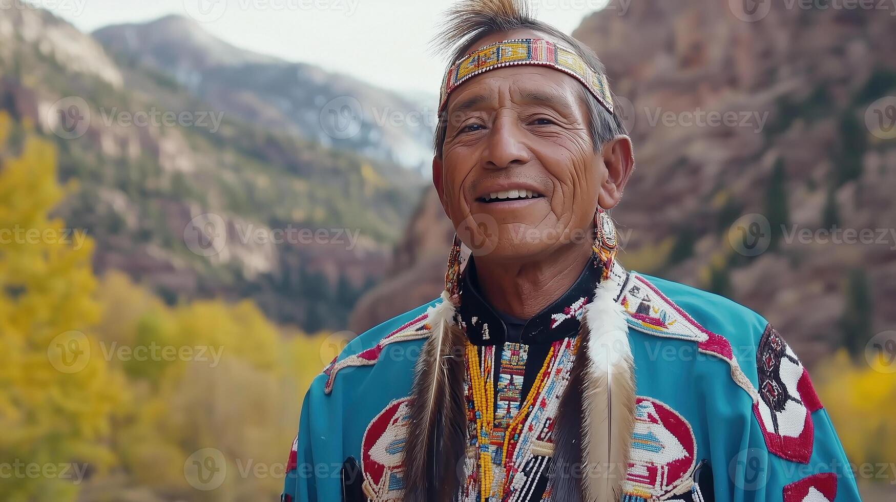 Portrait of a Native American man wearing traditional attire in a scenic landscape photo