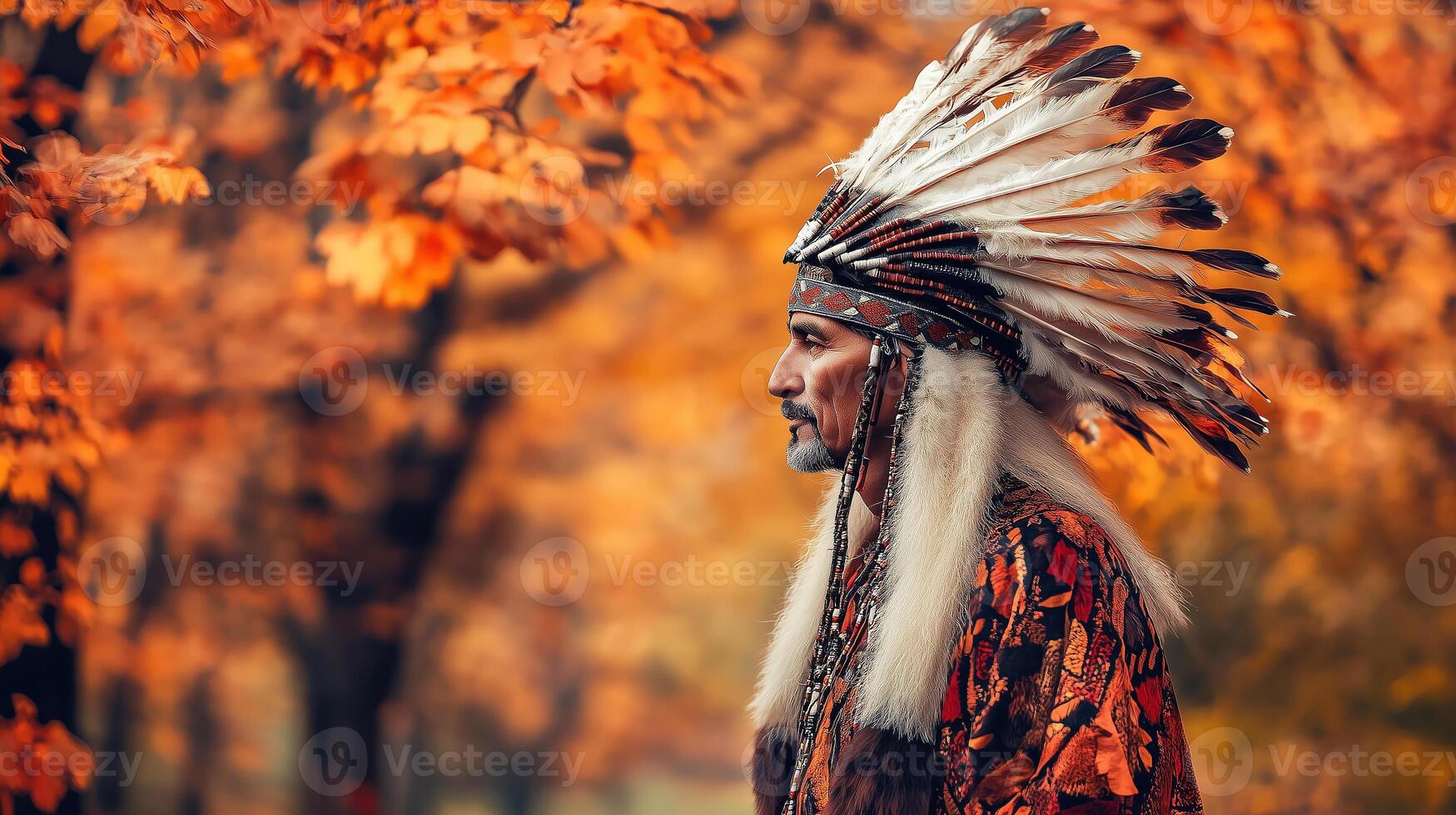 Native American man portrait in autumn foliage showcasing cultural heritage and attire photo