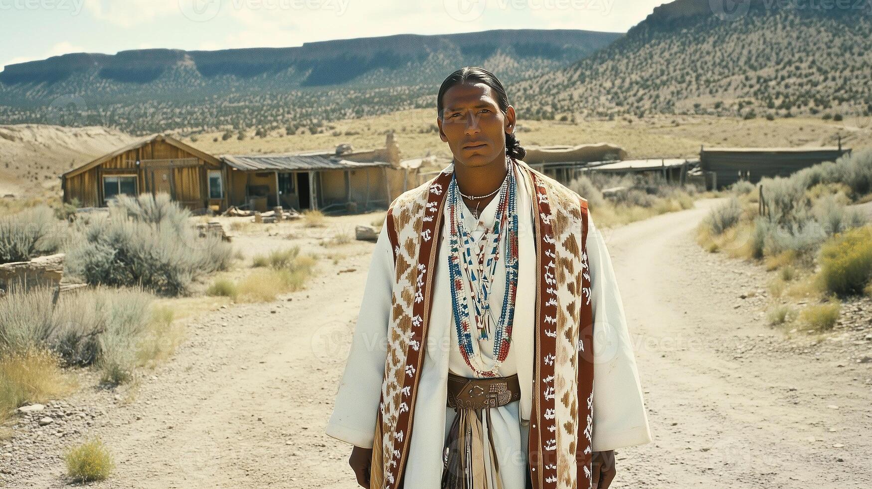 Native American man portrait showcasing traditional attire in a desert landscape photo