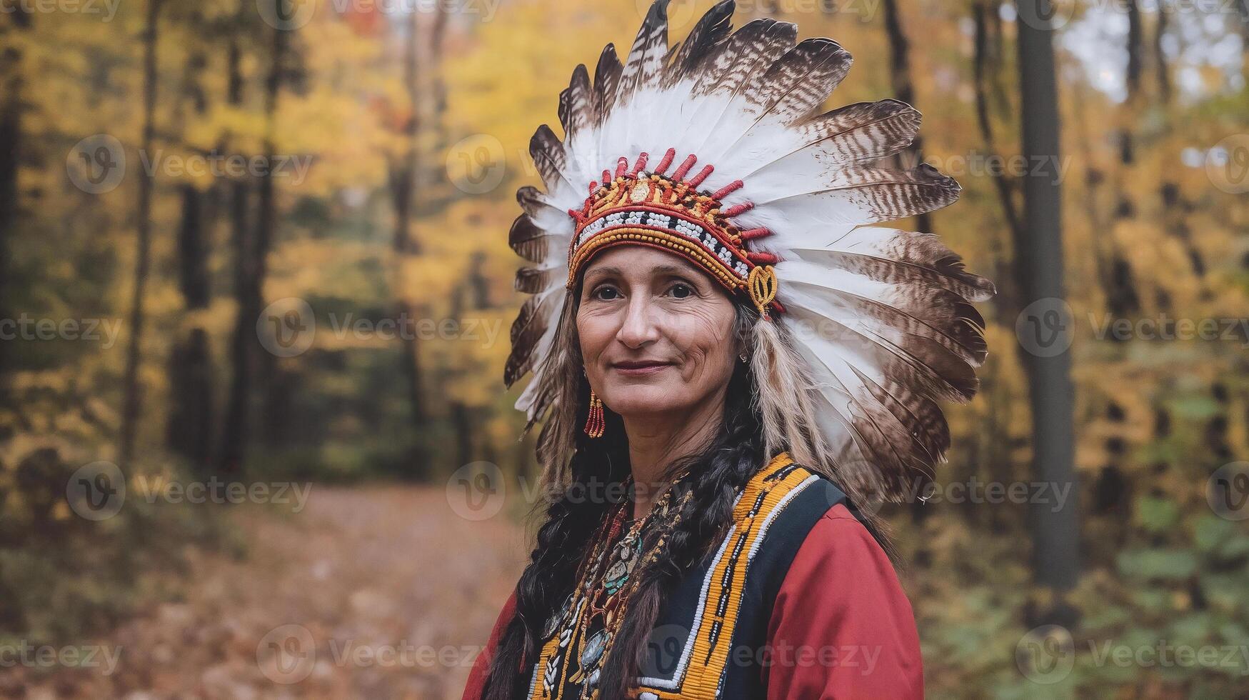 Portrait of an American Indian woman in traditional attire amidst autumn forest photo