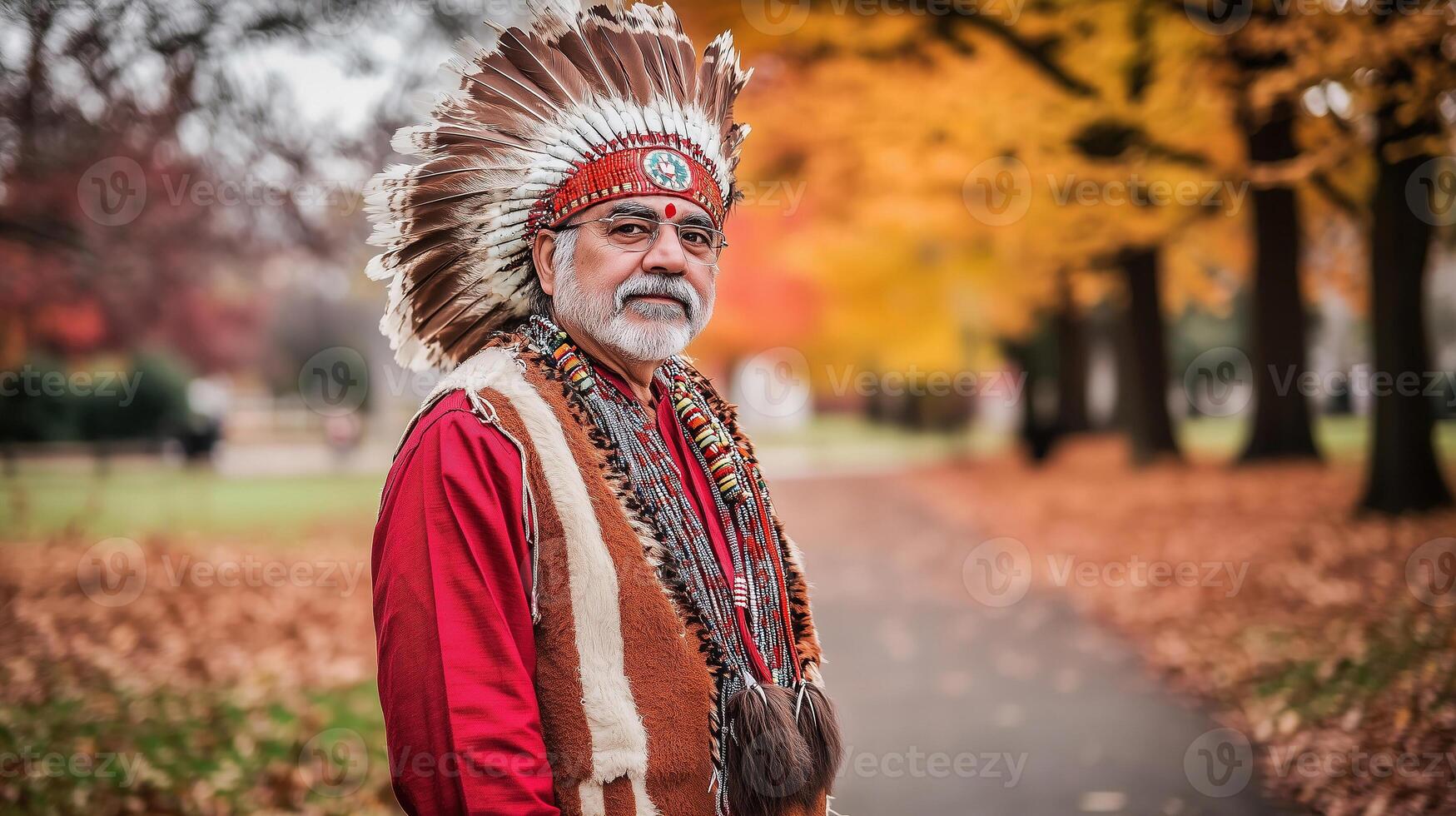 Majestic American Indian old man in traditional attire poses amid autumn leaves photo