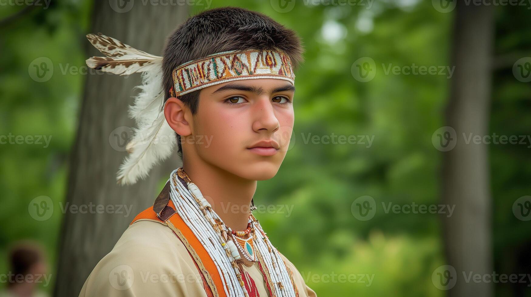 Portrait of a young Native American man in traditional attire during a cultural celebration photo