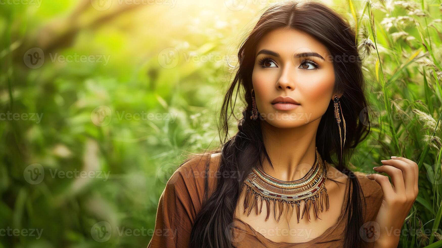 Portrait of a Native American woman in a natural setting with a warm glow photo
