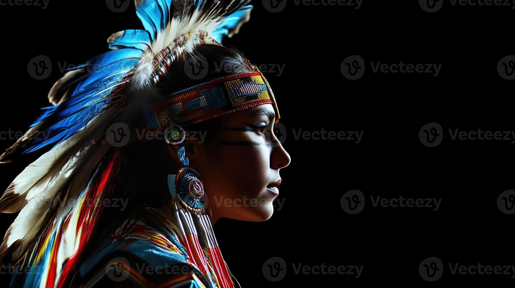 Portrait of a Native American in traditional regalia and a vibrant feathered headdress photo