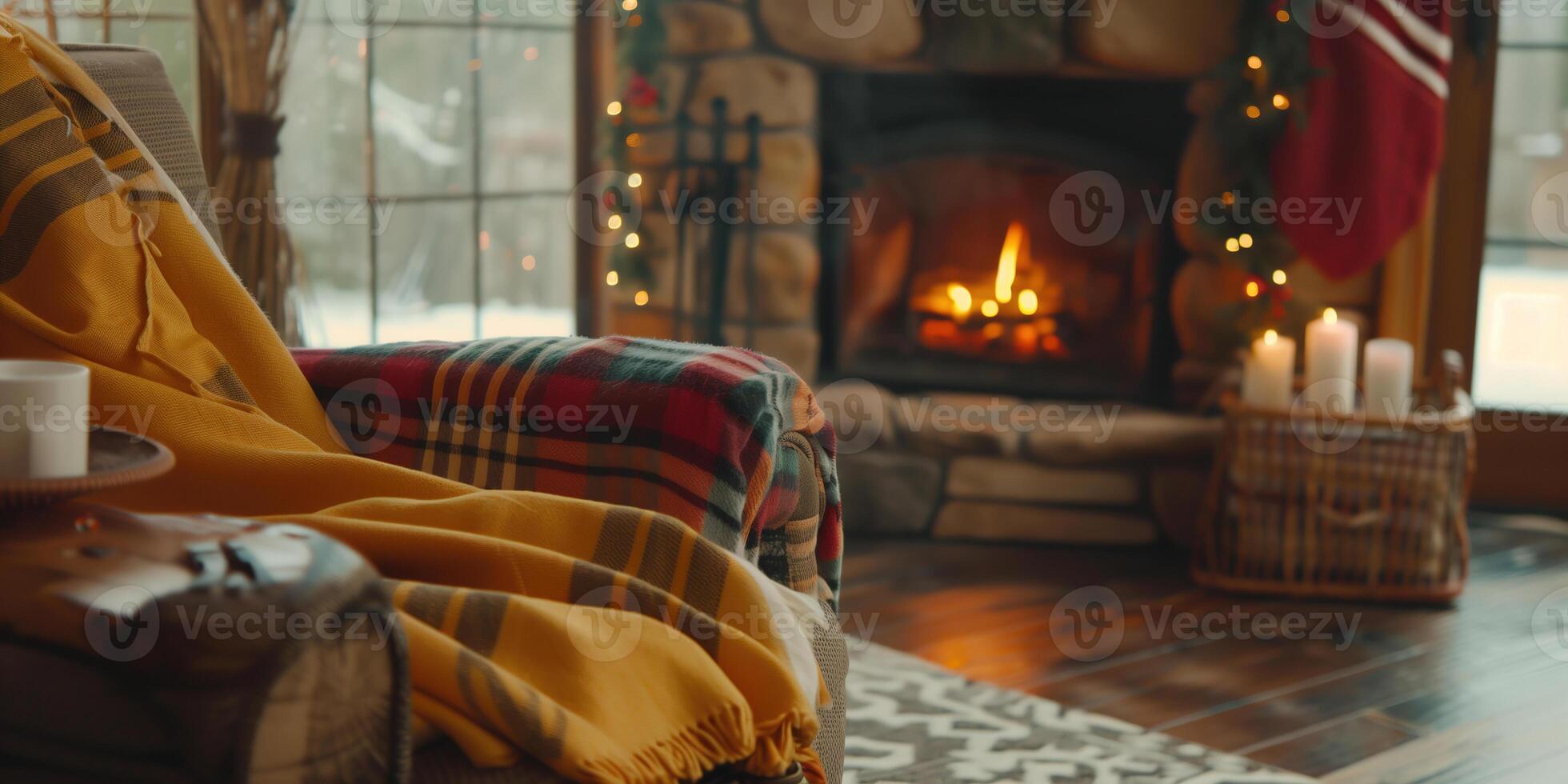 Cozy winter interior featuring a warm fireplace and inviting seating area photo