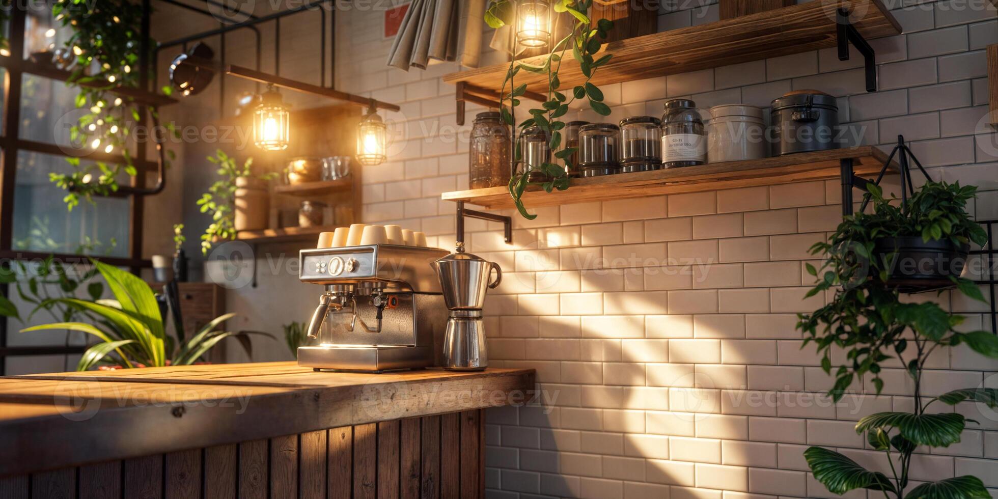 Cozy cafe interior with warm lighting and greenery in a modern setting photo