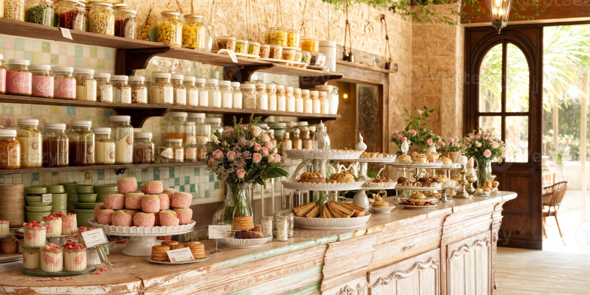 Charming cafe interior with a display of pastries and jars in a cozy setting photo