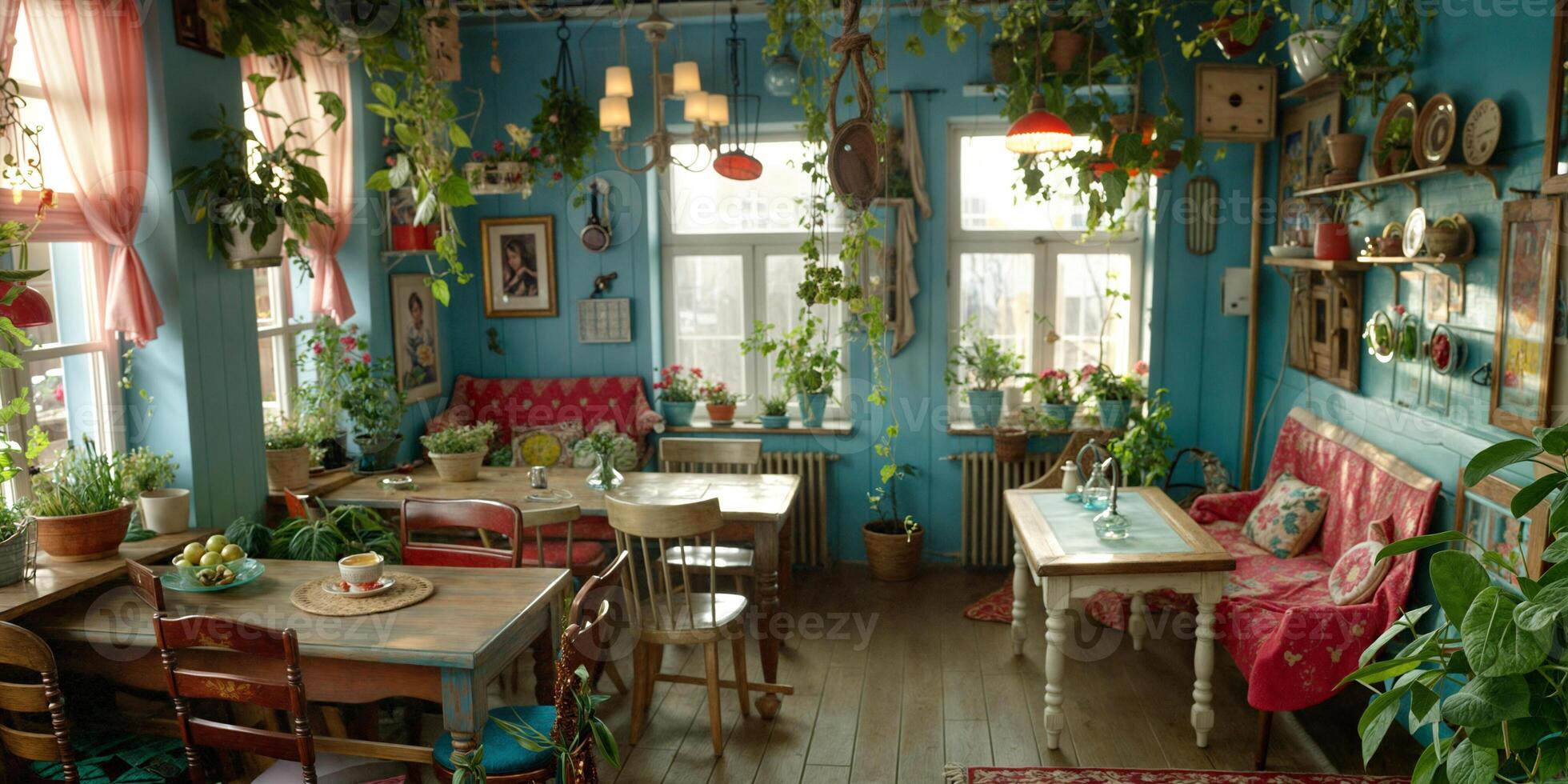 Cozy cafe interior filled with plants and colorful decor during daylight photo