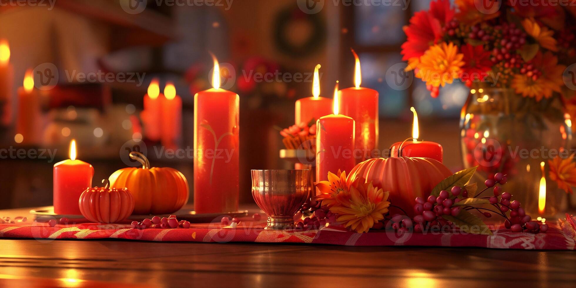 Cozy autumn interior with candles, pumpkins, and colorful flowers creating a warm atmosphere photo