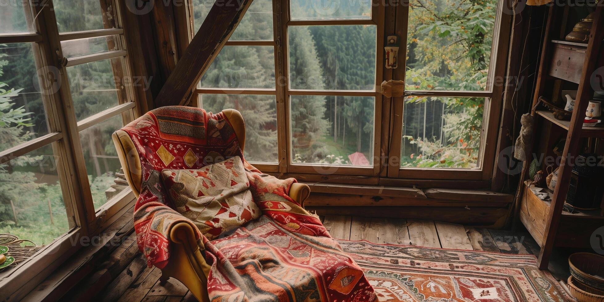 Cozy autumn retreat in a rustic interior with a view of the forest photo