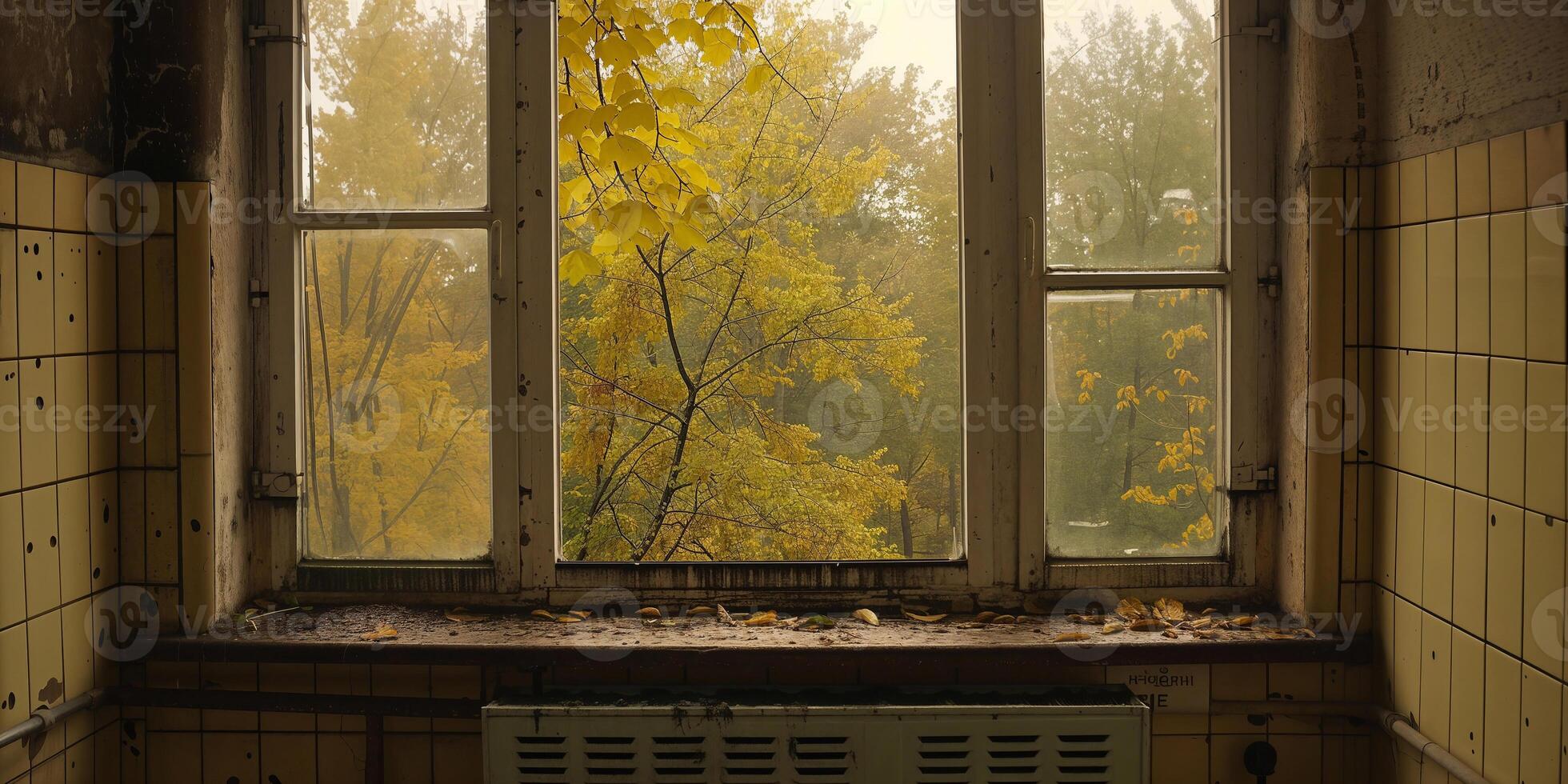 Autumn leaves viewed through a vintage window in a cozy interior photo