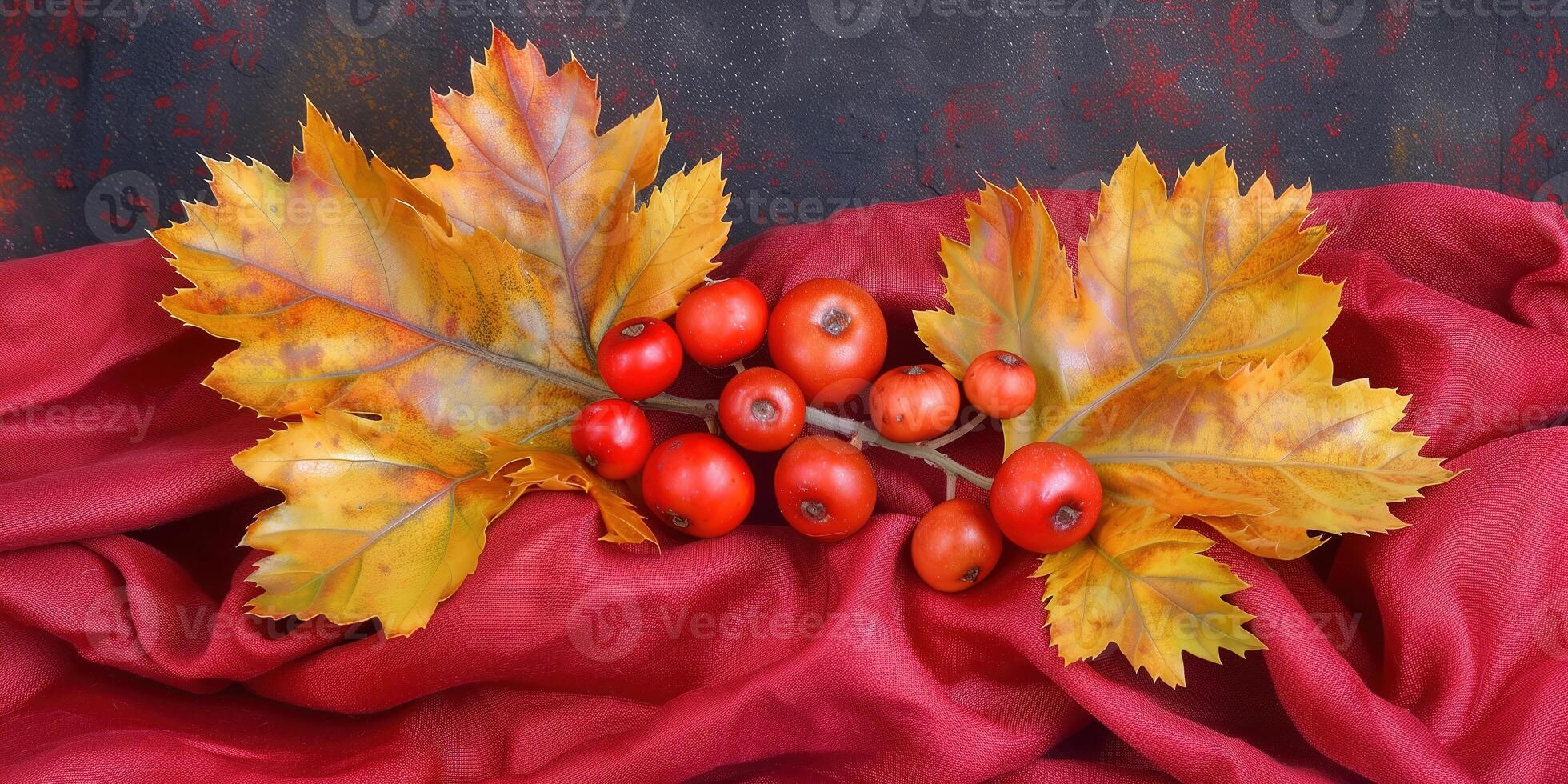 Autumn decor featuring colorful leaves and berries against a rich fabric backdrop photo