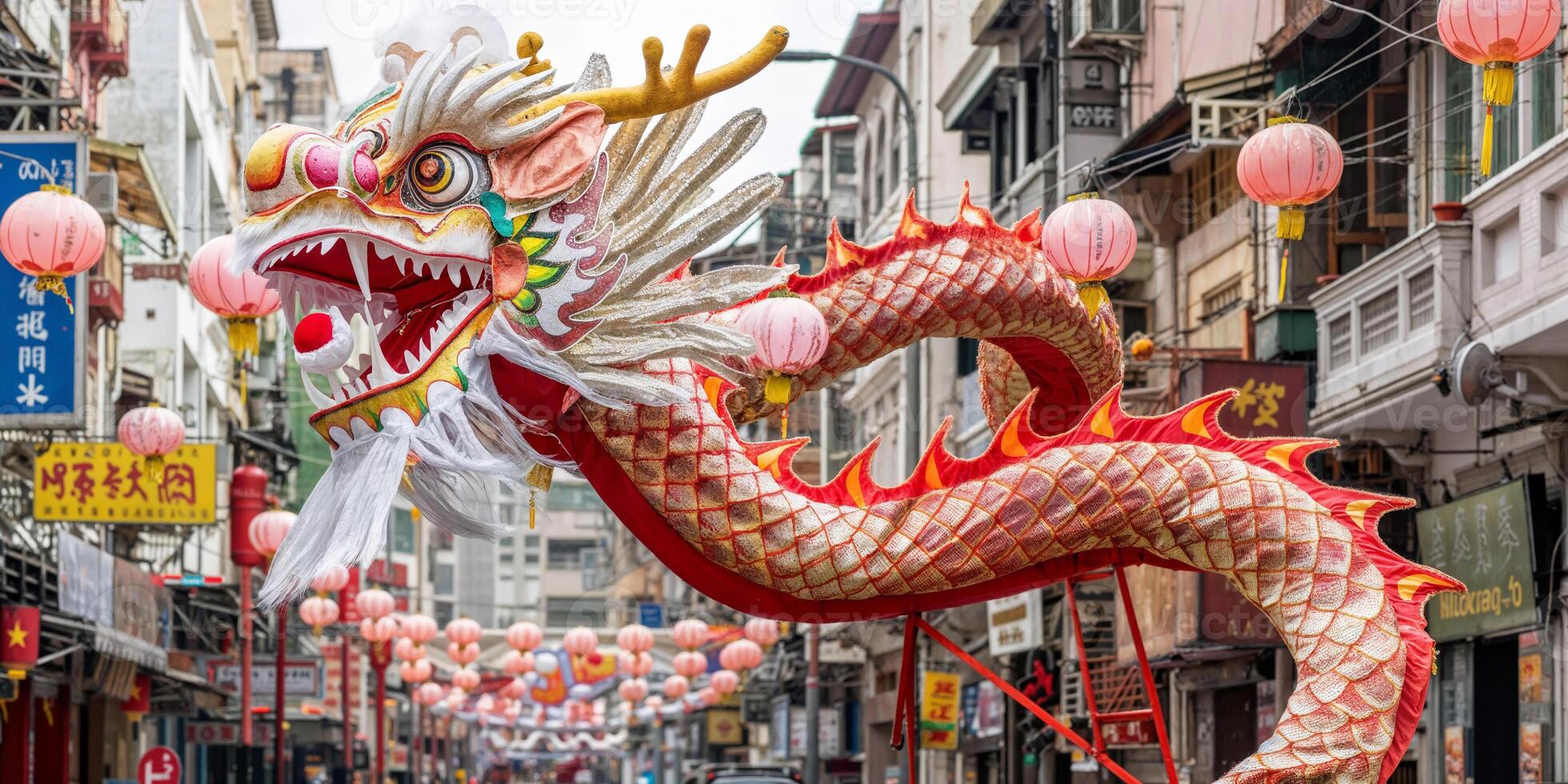 Colorful dragon dance during Chinese New Year celebration in a vibrant urban street photo