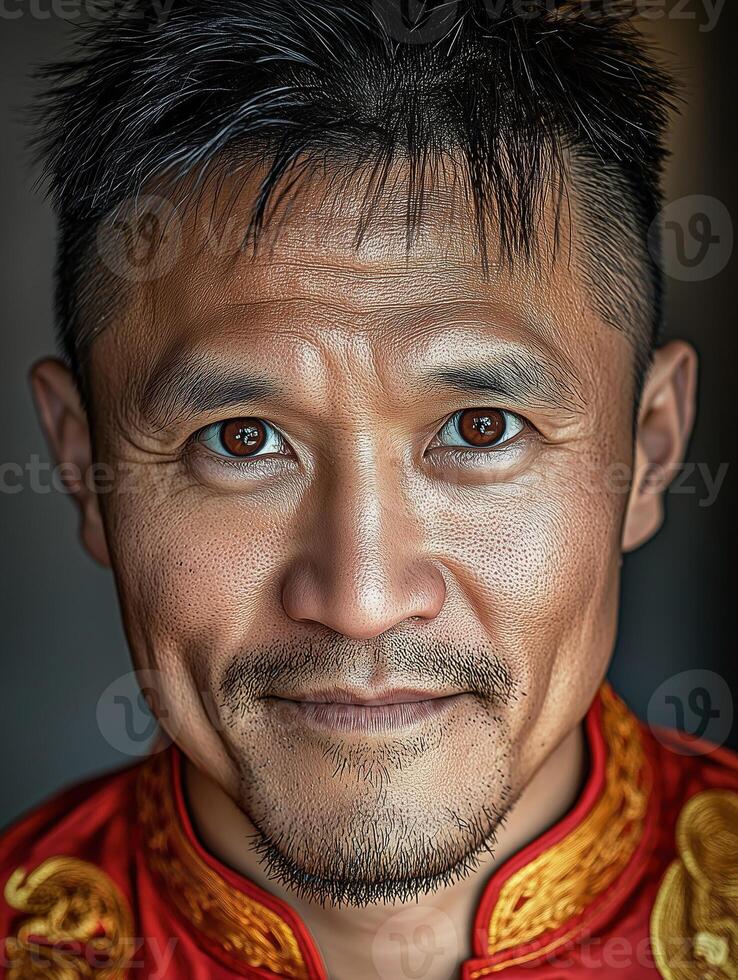 Portrait of a man in a traditional Chinese outfit with detailed expression photo