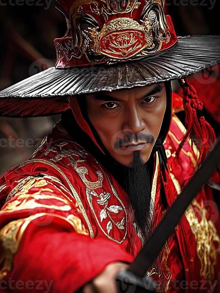 Incredible portrait of a Chinese warrior in traditional attire wielding a sword photo
