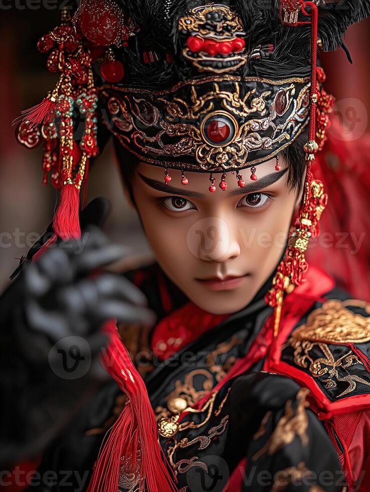 Portrait of a performer in traditional Chinese costume captured in a cultural setting photo