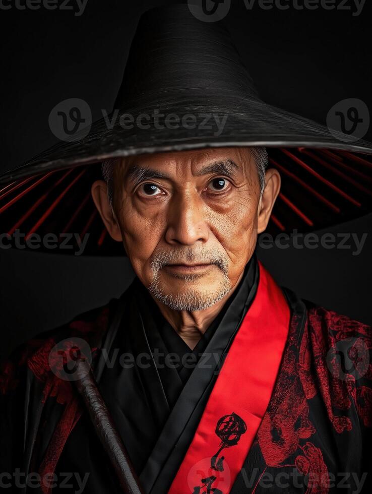Portrait of a Chinese elder in traditional attire with a conical hat photo
