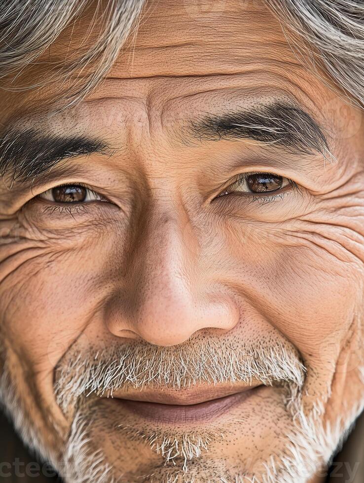Portrait of an elderly Chinese man in traditional attire with a warm smile photo