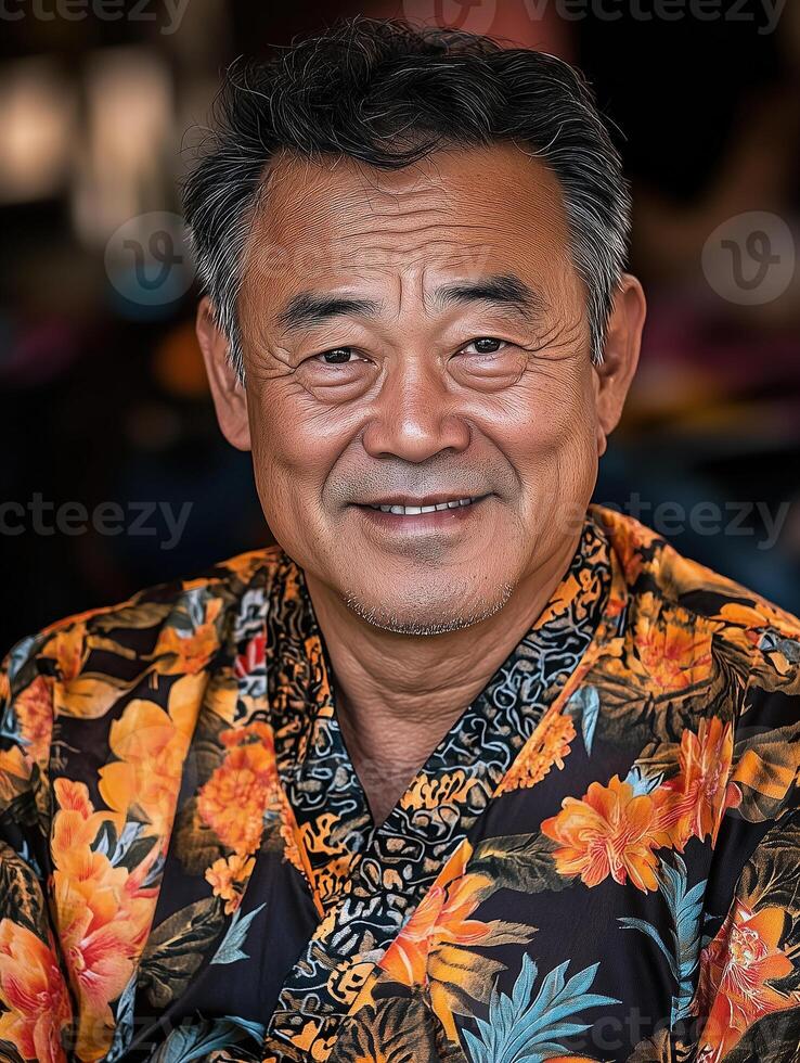 Portrait of a smiling older man in traditional Chinese outfit with floral patterns photo