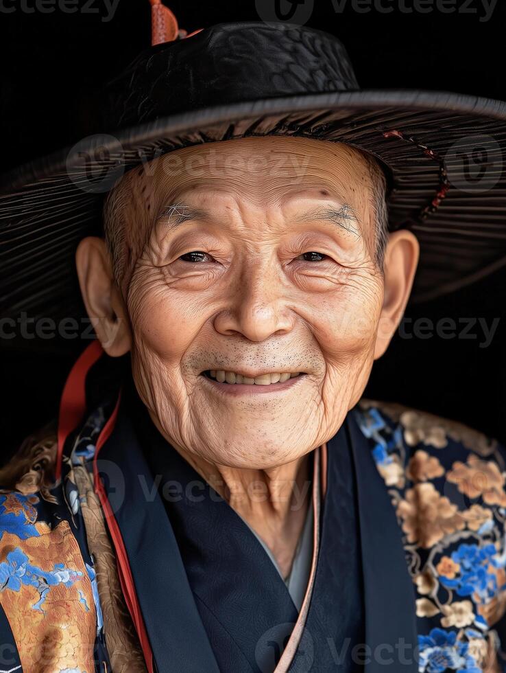 Elderly man smiles warmly while wearing traditional Chinese attire during a serene moment photo