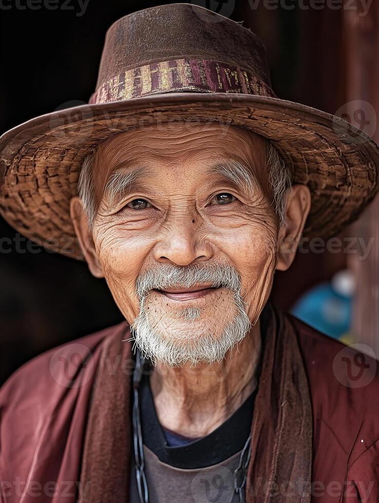 Portrait of an elderly Chinese man wearing a traditional outfit and hat in a rural setting photo
