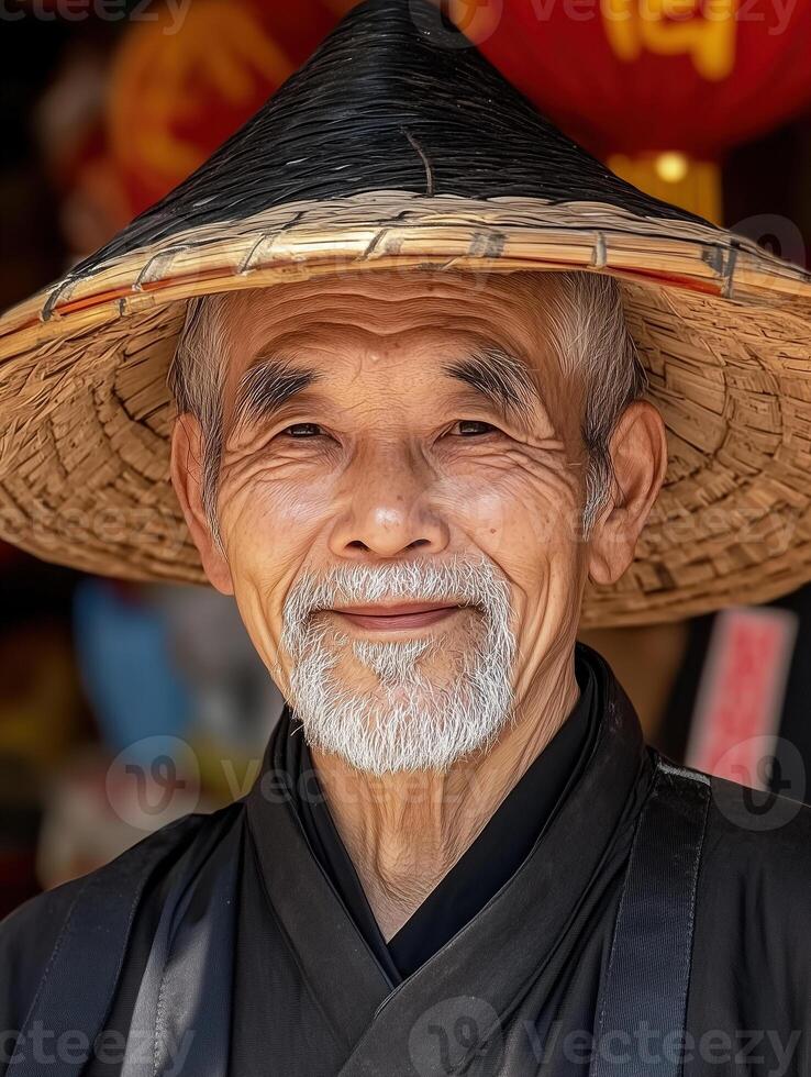 An elderly man stands proudly in traditional Chinese attire, donning a straw hat photo