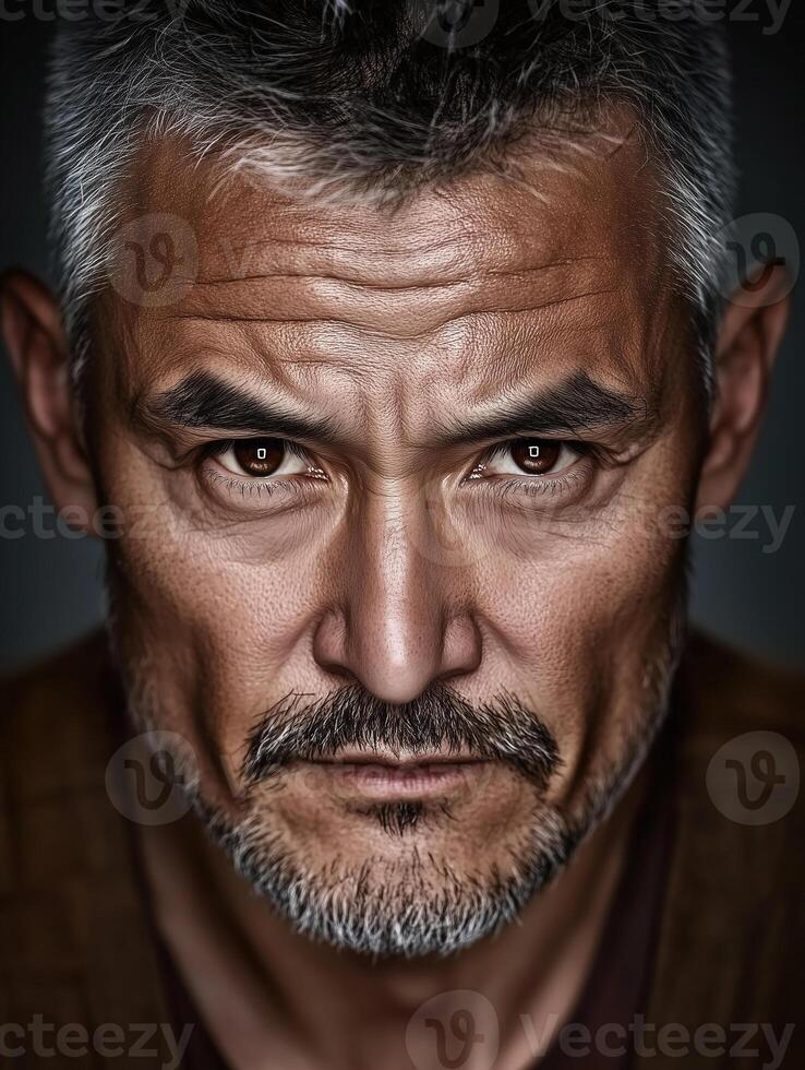 Portrait of a man with intense gaze wearing traditional Chinese outfit in a modern setting photo