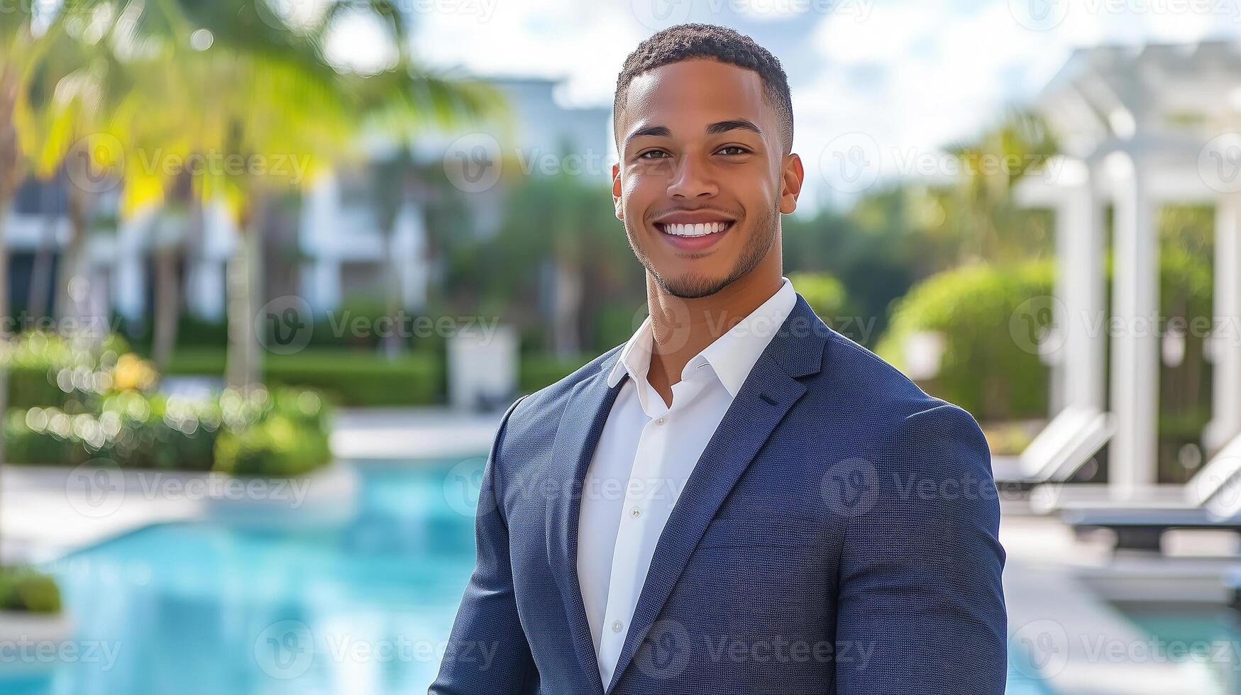 Smiling mixed race man showcasing lifestyle by the poolside during a sunny afternoon photo