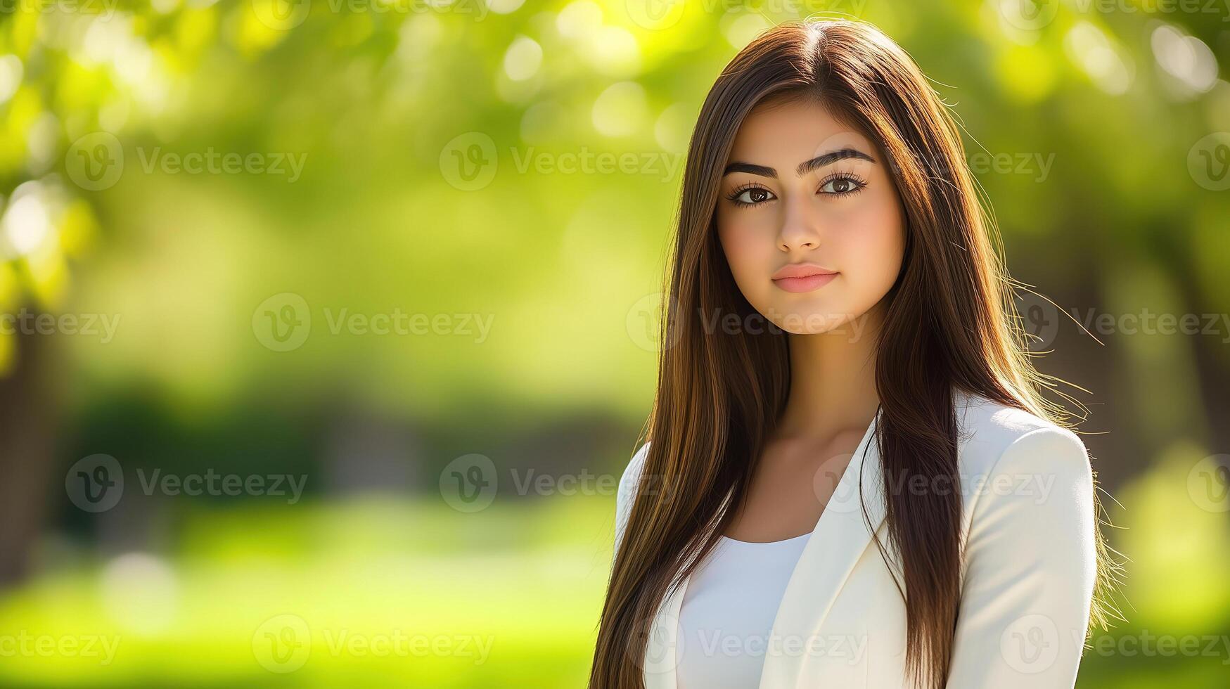 Mixed race woman exudes confidence in lush green park during sunny afternoon photo