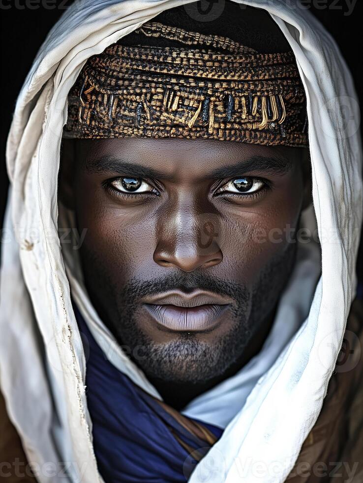 Portrait of a Black man in traditional attire with intricate details and intense expression photo