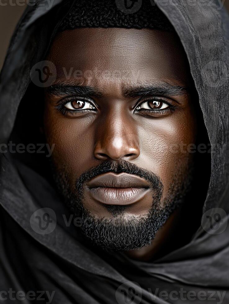 Portrait of a black man in a traditional outfit with striking features and intense gaze photo