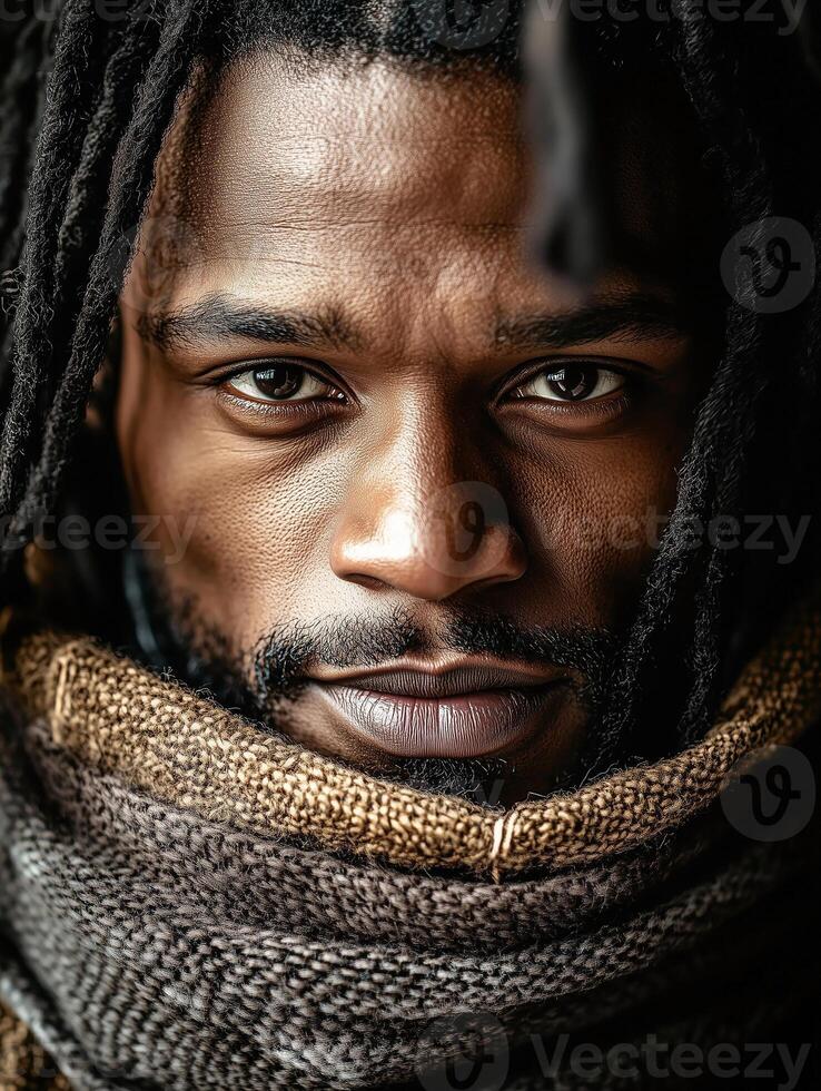 Portrait of a man in a traditional outfit with intricate details and a striking gaze photo