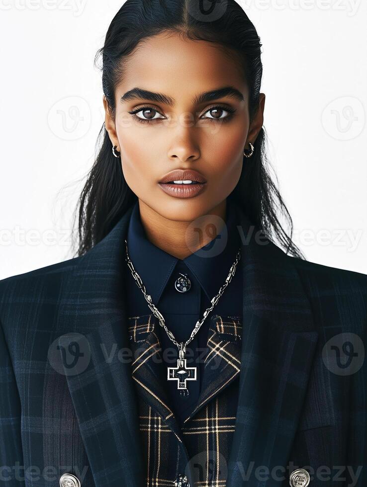 Portrait of a person in a stylish traditional outfit with modern accessories in a classic setting photo