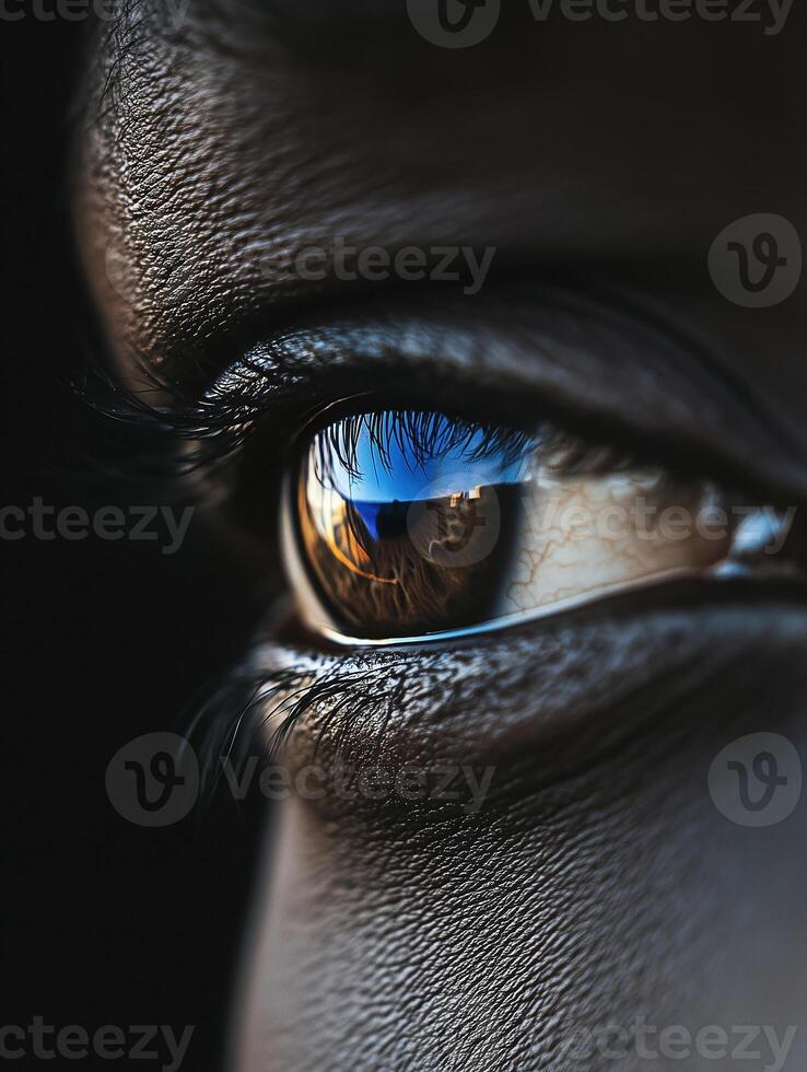 Portrait of a black person in traditional outfit with striking eye detail reflecting surroundings photo