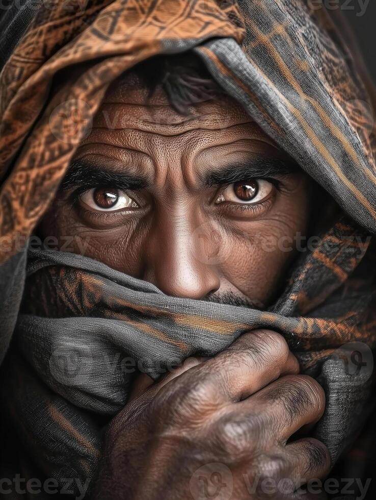 Portrait of a Black person in traditional outfit with a striking expression and detailed garment photo