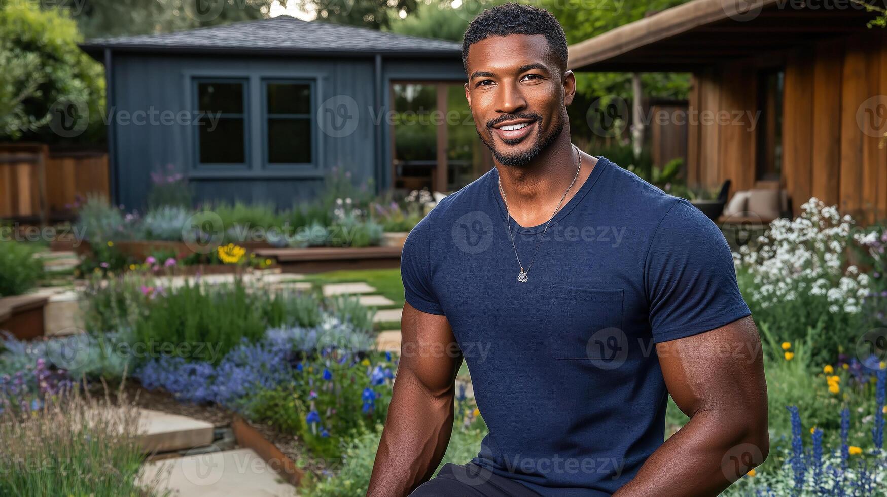 Smiling man in a casual shirt relaxes in a beautifully landscaped garden setting photo