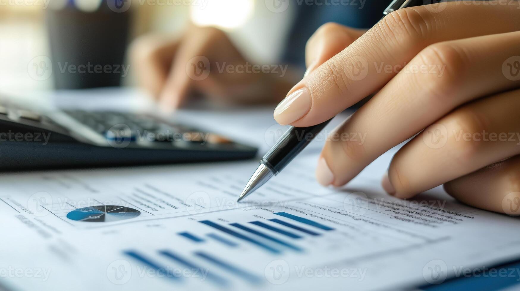 Analyzing financial reports in a modern office setting during the workday photo