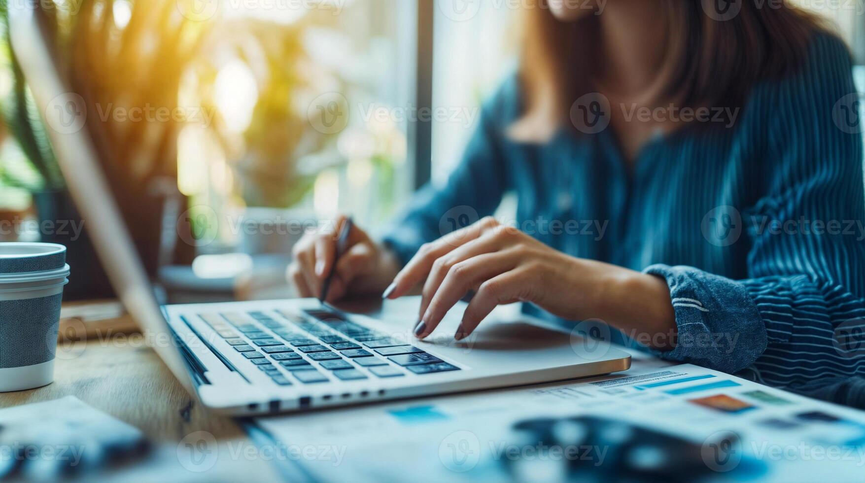 Office workspace with a woman typing on a laptop surrounded by plants and documents photo