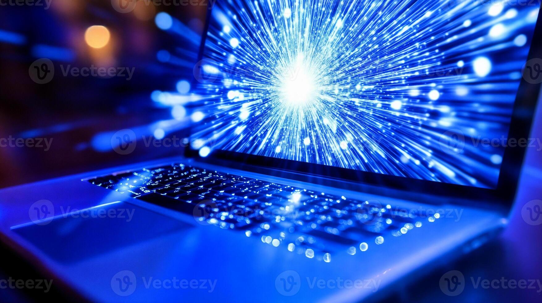 Creative digital workspace with vibrant light effects emanating from a laptop photo