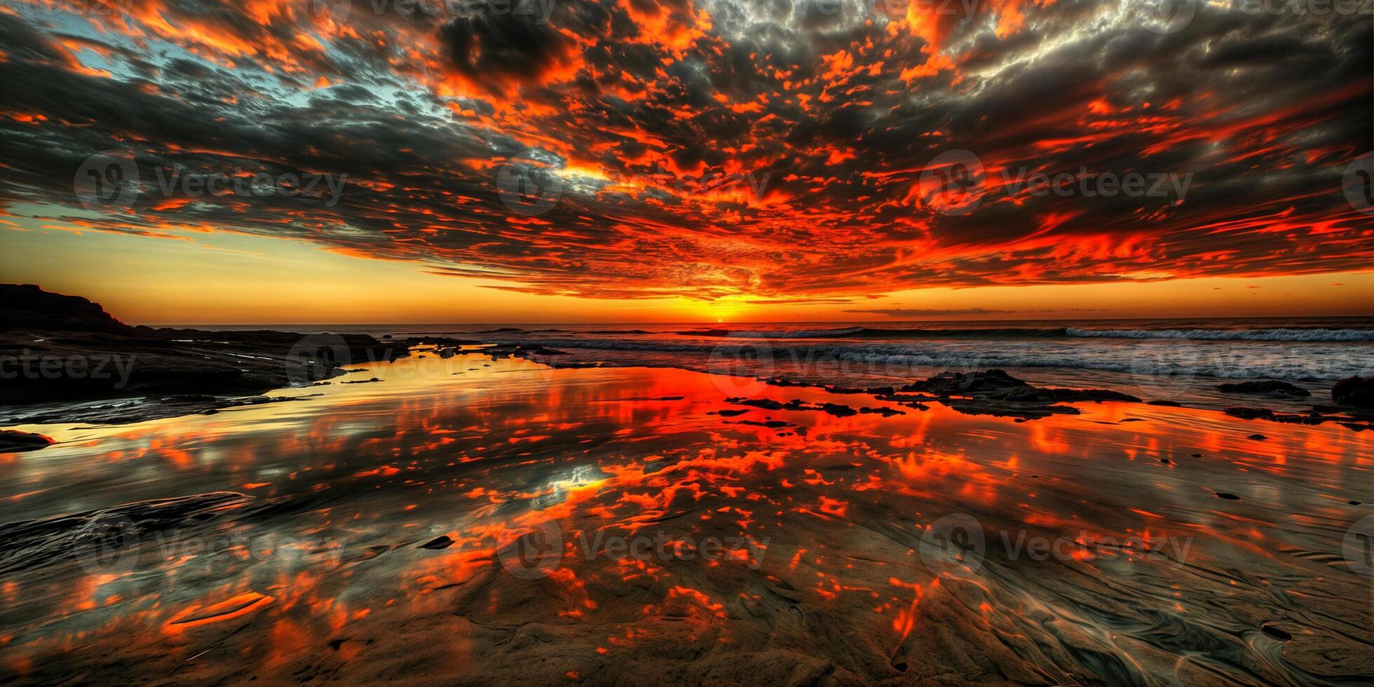 Vibrant sunset reflecting on the beach with dramatic clouds and calm waves photo