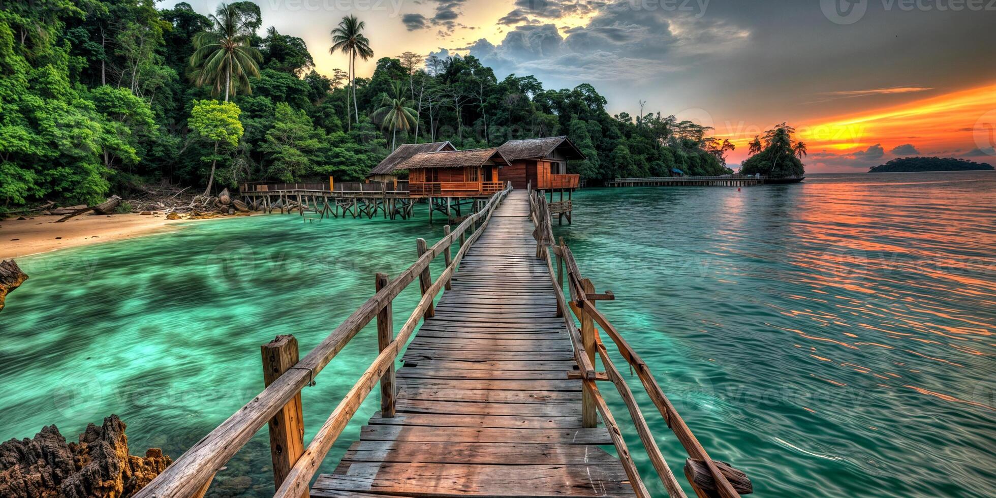 Stunning sunset over tropical pier leading to a serene wooden cabin by the sea photo